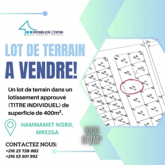 Lot de terrain a vendre a Hammamet Nord, Mrezga