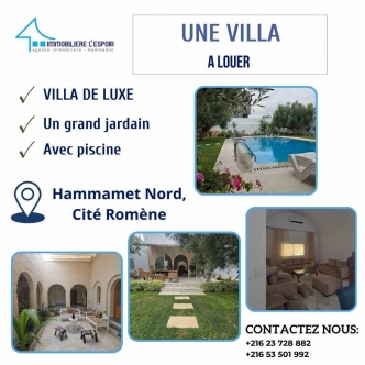 Une belle villa à Louer à Hammamet Nord, Cité Romène